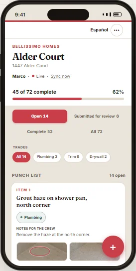 Carbide List public demo showing a construction punch list on a phone