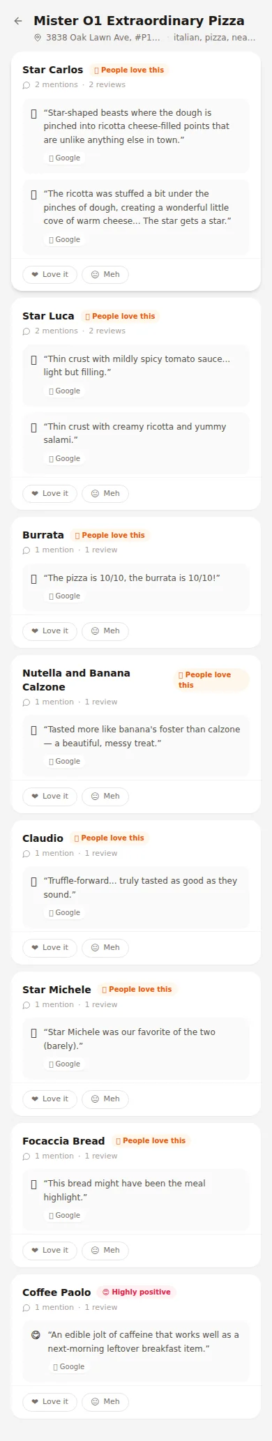 DeelishDish prototype listing dishes and public review excerpts for a pizza restaurant
