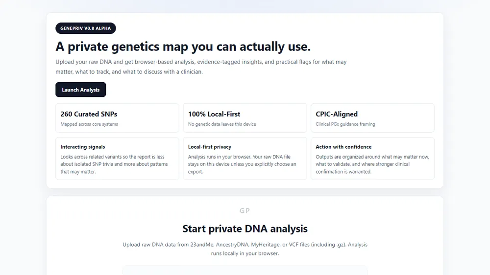 Archived GenePriv genetics website launch screen, captured locally without DNA data