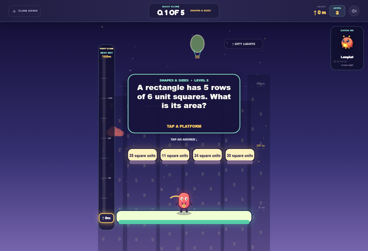 Actual daily climb: answer platforms sit beneath a question about the area of a rectangle.