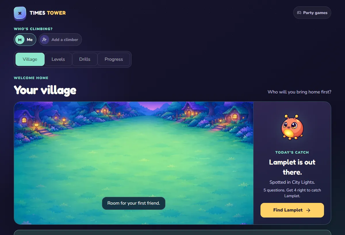 Actual Times Tower village screen, with an invitation to find Lamplet.