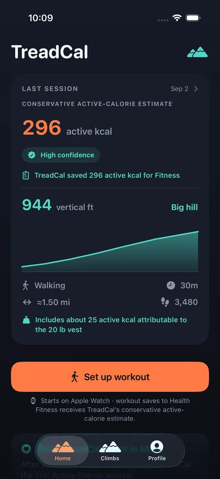 TreadCal iPhone session overview with active calories and vertical gain